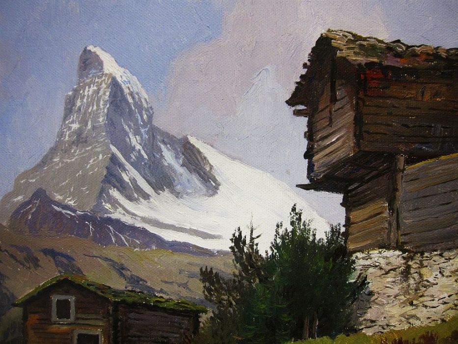 antiga pintura em óleo sobre tela - paisagem suíça - Matterhorn-