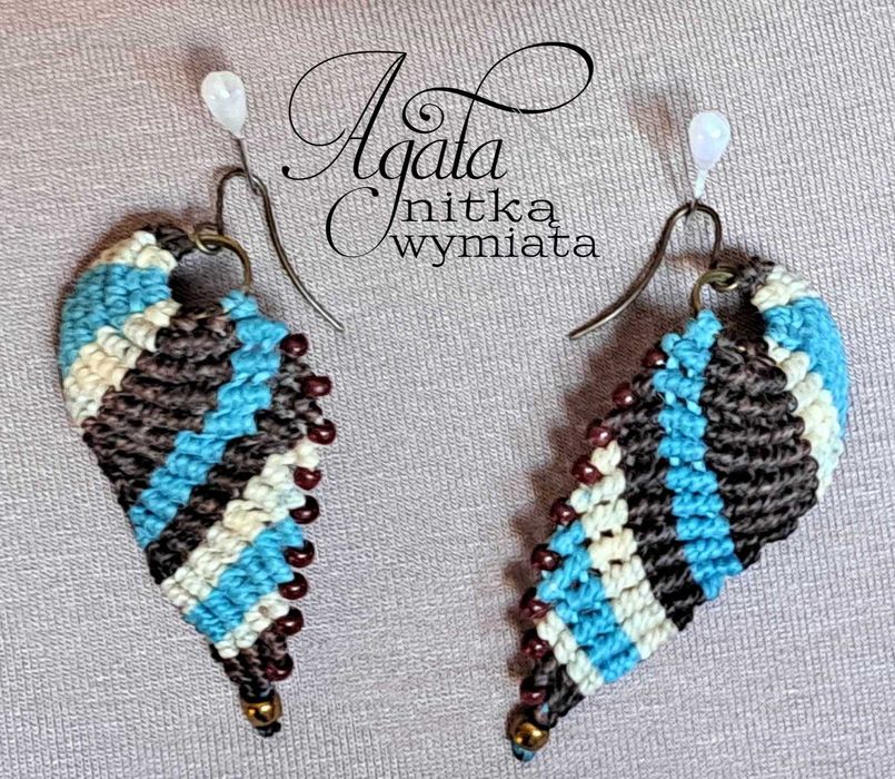 Kolczyki brązowo turkusowo kremowe, mikromakrama