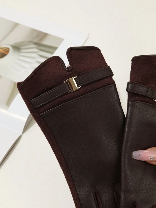 Rękawiczki damskie ekoskórzane brązowe eleganckie SHEIN M 38