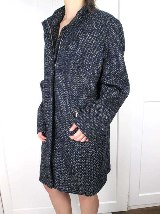 Granatowy wełniany tweedowy płaszcz kurtka 12% wełna 20 3XL 4XL