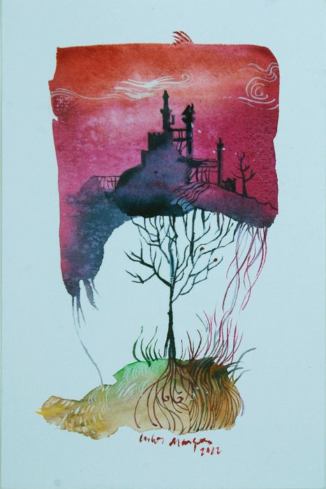 Aguarela original de Carlos Marques. Fantasia, surreal, Castelos