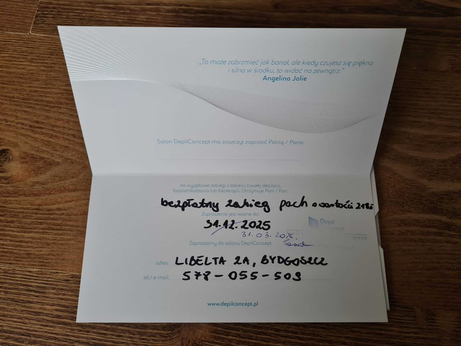 Voucher na depilacja pach ważny 31.03.2026 Depil Concept Bydgoszcz