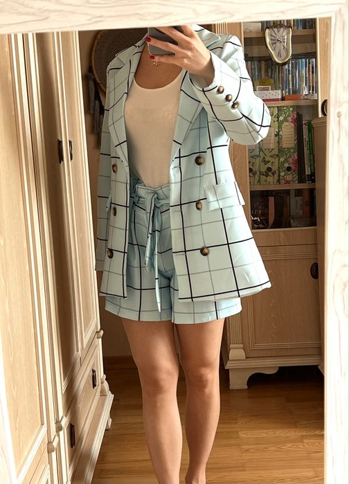 Garnitur w kratę komplet marynarka szorty do pracy na wyjście butik