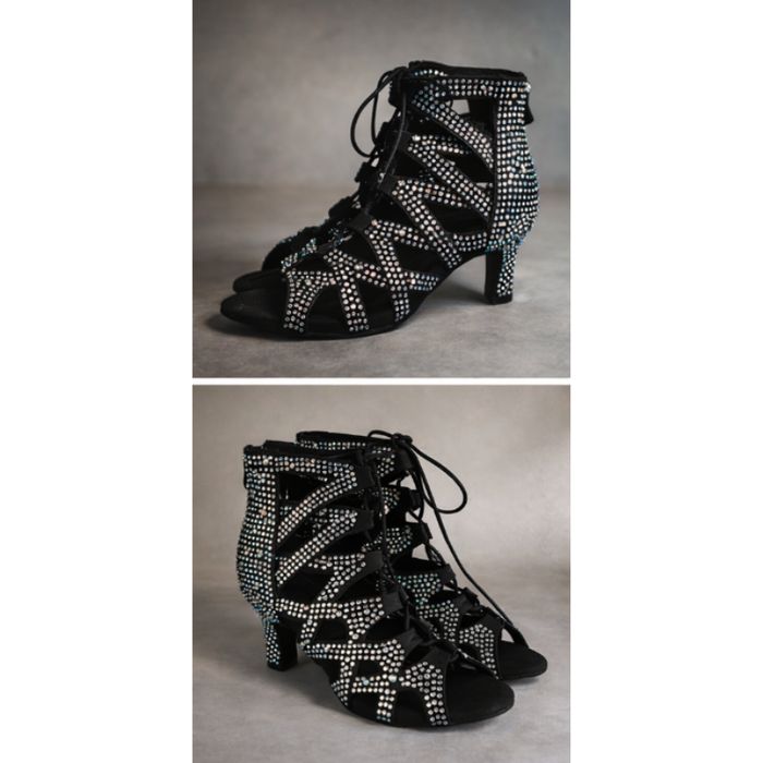 Czarne buty taneczne damskie EU36 (22,5cm) kryształki sznurowane 7 cm