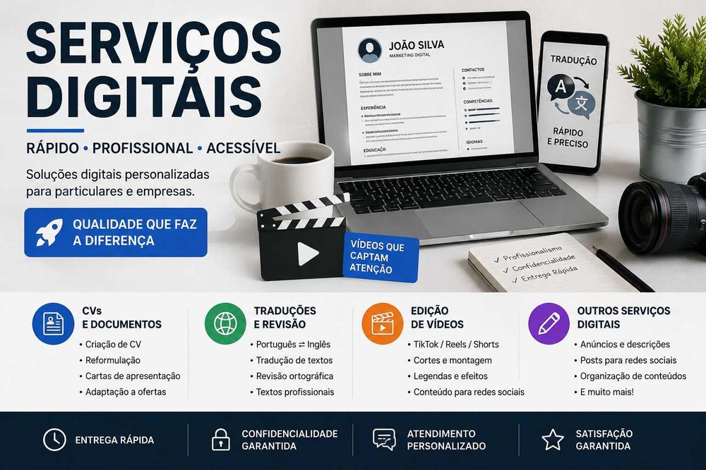 Criação de CVs, Traduções, Edição de Vídeos e Serviços Digitais - A partir de 5€