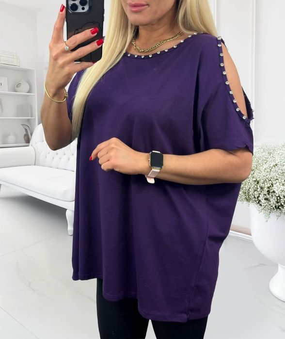Bluzka plus size perełki wycięcia na rekawach