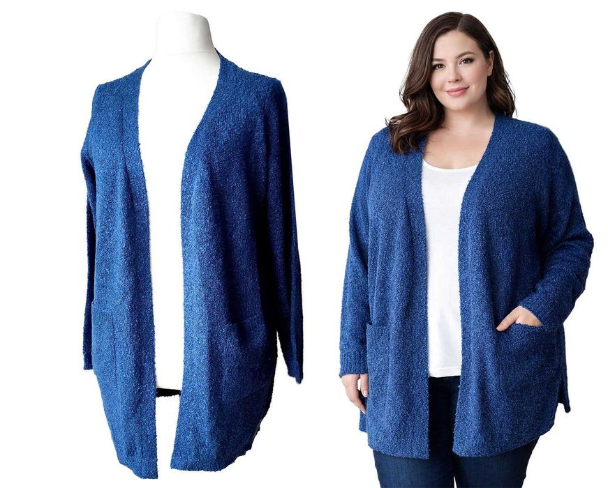 Sweter kardigan narzutka niebieski wiosna kieszenie 44 46 3XL