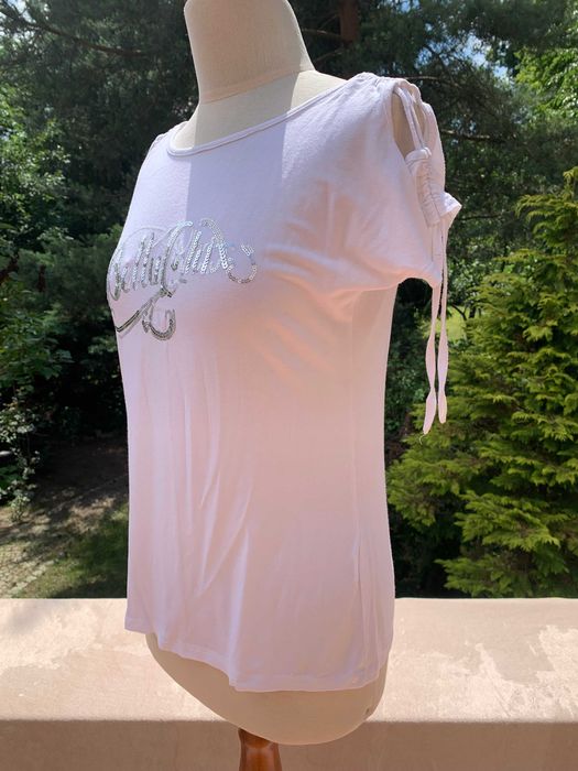 Biały t-shirt ze srebrnym cekinowym napisem, Guanda , rozm L-xl