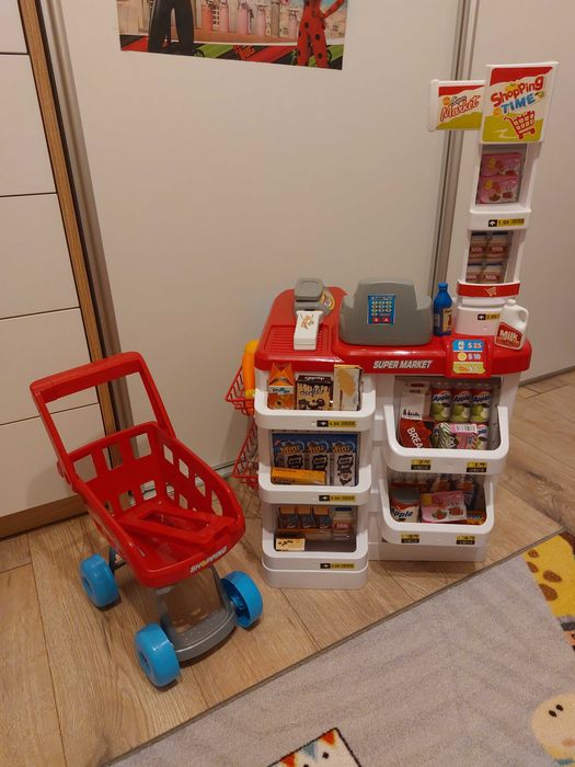 Supermarket zabawkowy z wozkiem i akcesoriami