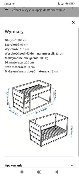 Łóżko Ikea KURA + dodatki, stan bardzo dobry