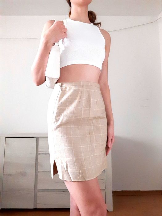Spódnica ołówkowa beżowa spódniczka XS mini elegancka kratka