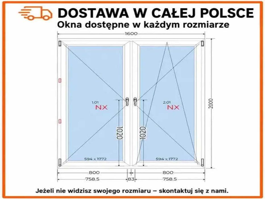 Dwuskrzydłowe Okno Balkonowe 1600 x 2000 mm Plastikowe (PCV) dostępne w każdym rozmiarze z transportem w całej Polsce i Europie