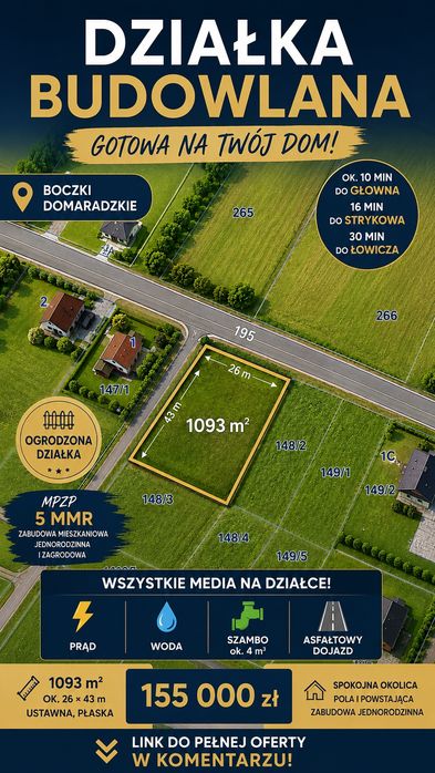 DZIAŁKA BUDOWLANA 1093 m² | MEDIA | OGRODZONA | ASFALT | 10 min. do GŁOWNO, 16 min do STRYKÓW, 30 min do Łowicz