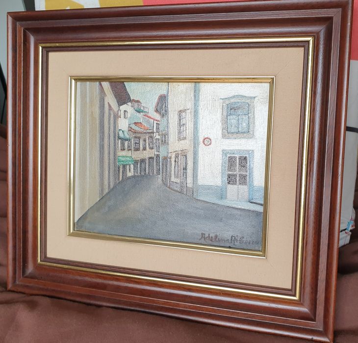 Rua de Janes, Braga Tela pintada a óleo à mão moldura madeira 34x40cm