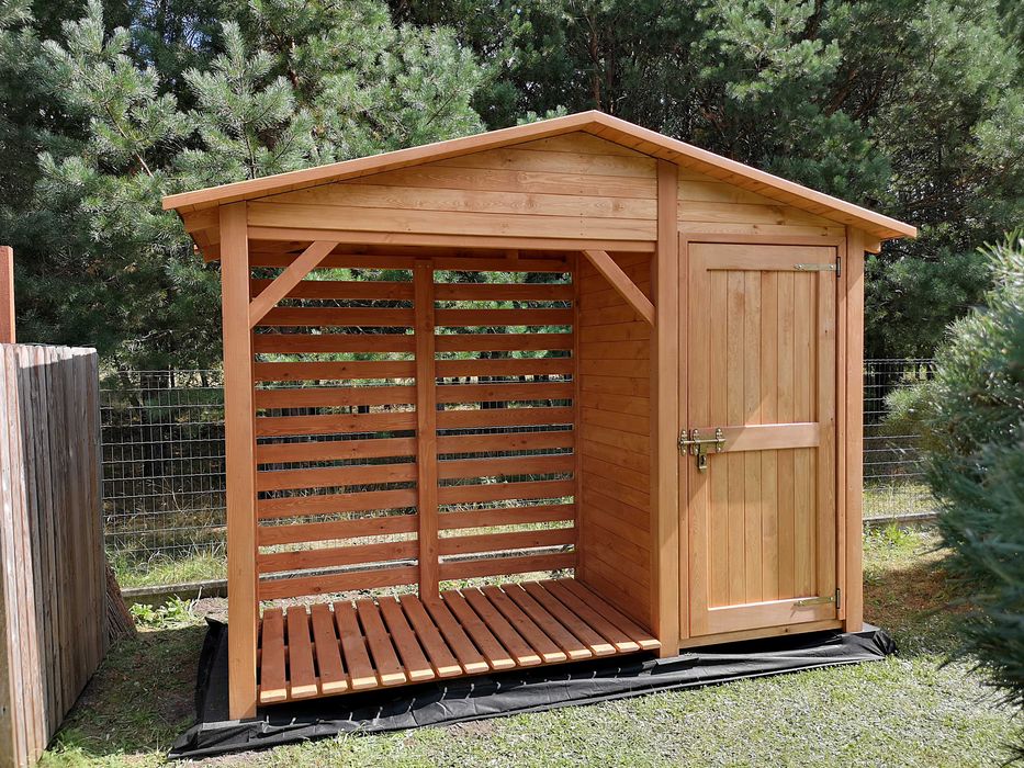 Domek narzędziowy 2 x 1,1m z  drewutnią 1,14 x 1,1m z dachem prostym
