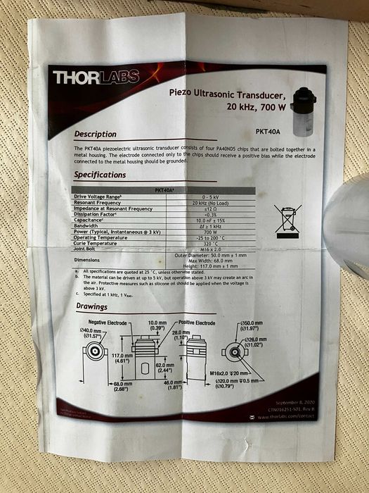PKT40B - High-Power Ultrasonic Transducer, 20 kHz, 700 W