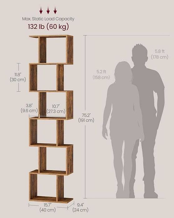Regał VASAGLE, 6-poziomowy regał, 24 x 40 x 191 cm rustykalny brąz
