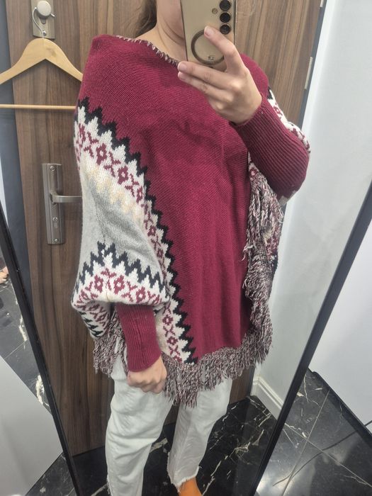 Poncho grube zimowe boho indian czerwone one size