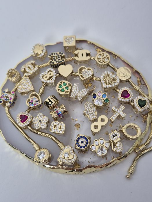 Nowy złoty charms do bransoletki typu Pandora,pierścionek,cyrkonia