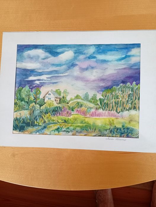 Maria, Pejzaż z domem, 24 cm x 32,5 cm, akwarela.