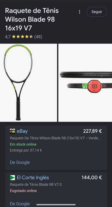 raquete de ténis é uma Wilson Blade V7, reconhecível pelo seu design