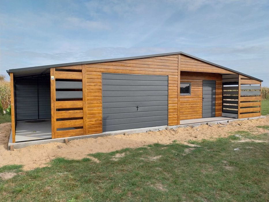 Garaż blaszany biały 12x5 nowoczesne garaże Gregor z wiatą panelową