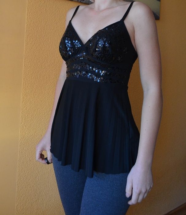 River Island tunika dłuższa bluzka z cekinami cekiny czarna 34 S