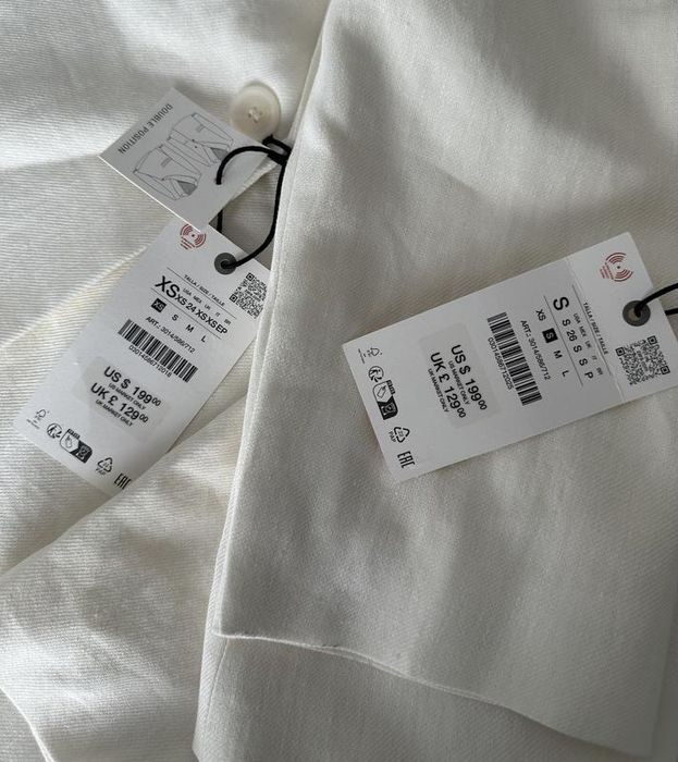 Двубортный блейзер из льняной смеси от zw collection zara, білий піджак з льону zara