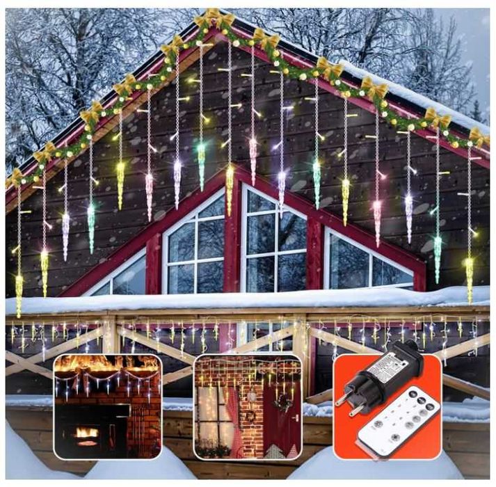 Lampki świąteczne wielokolorowe sople 10m, sterowanie pilotem 8 trybów