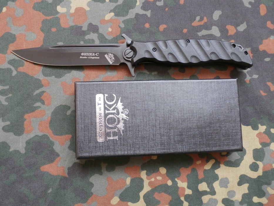 Туристичний складний викидний ніж Нокс Финка-С D2 Black 26.5см Кліпса