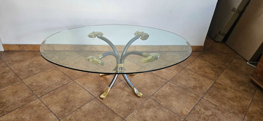 Sygnowany stolik Manfred Bredohl Design Mosiądz Ginkgo, Szkło 1cm Vintage