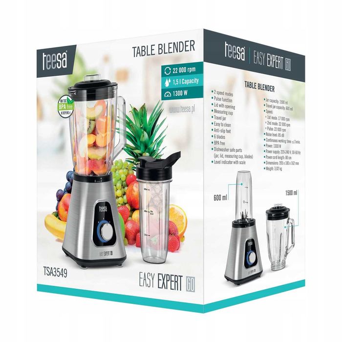 Blender kielichowy 1300W 1,5L szklany kielich bidon KRUSZY LÓD MOCNY