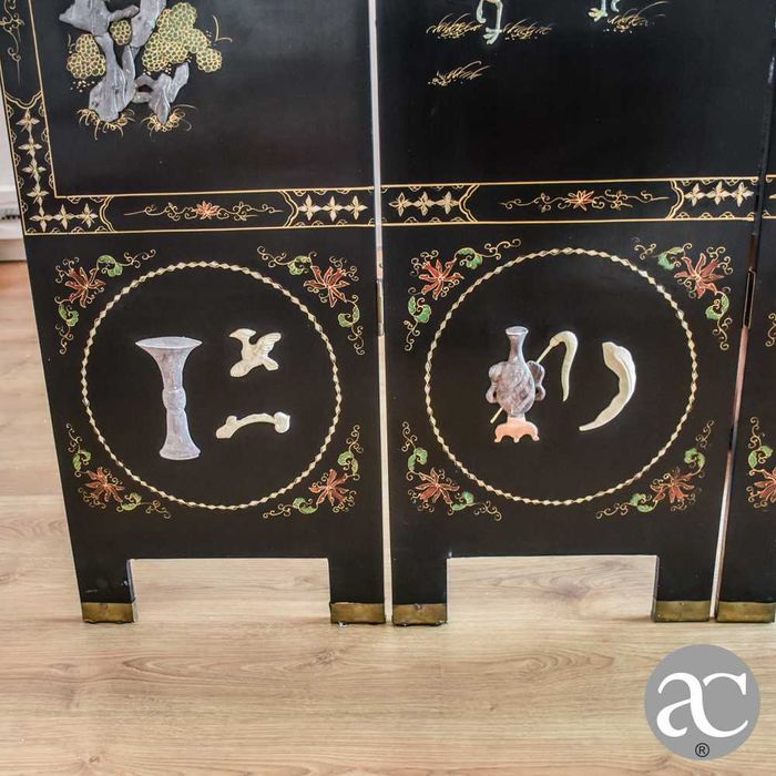 Biombo Chinês de 2 faces em pedra dura lacado com 4 painéis