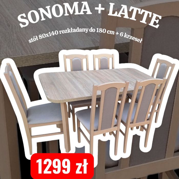 Nowe: Stół 80x140/180 + 6 krzeseł, 48 kolorów od ręki,  dostawa cała P