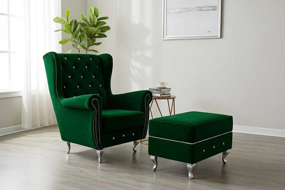 Komplet do salonu, Fotel Uszak do pokoju z pufą ze schowkiem Glamour