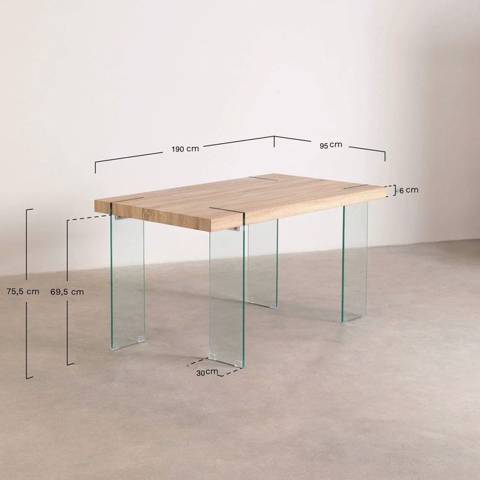 Mesa de Jantar rectangular em MDF e pernas vidro  (190 x 95 cm)