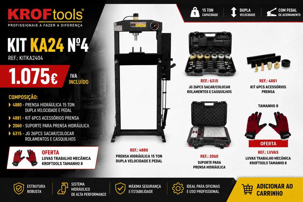 KIT  PRENSA HIDRÁULICA 15 TON + ACESSÓRIOS + JOGO DE ROLAMENTOS LL29