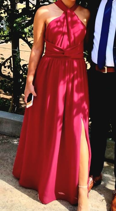 Vestido longo borgonha/cereja S/M – fluido e elegante