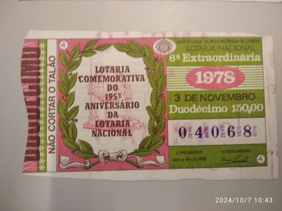 Cautelas de lotaria ano 1978