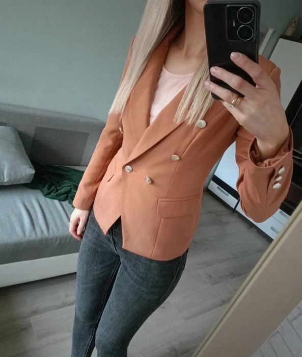 Brązowa ruda marynarka żakiet S 36 elegancka jesień klapy