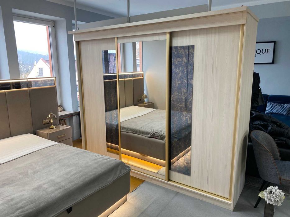 OKAZJA!! Komplet Sypialnia łóżko szafa toaletka beżowa tapicerowana