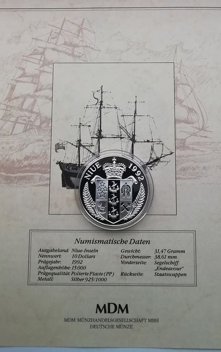 Ніуе 10 доларів 1992р. СРІБЛО. ПРУФ. Сертифікат. Тихоокеанські плаваня