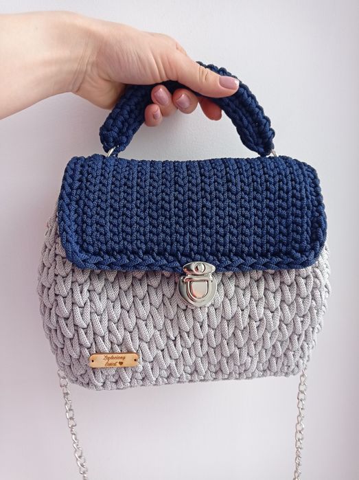 Piękna torebka szaro granatowa ze sznurka handmade