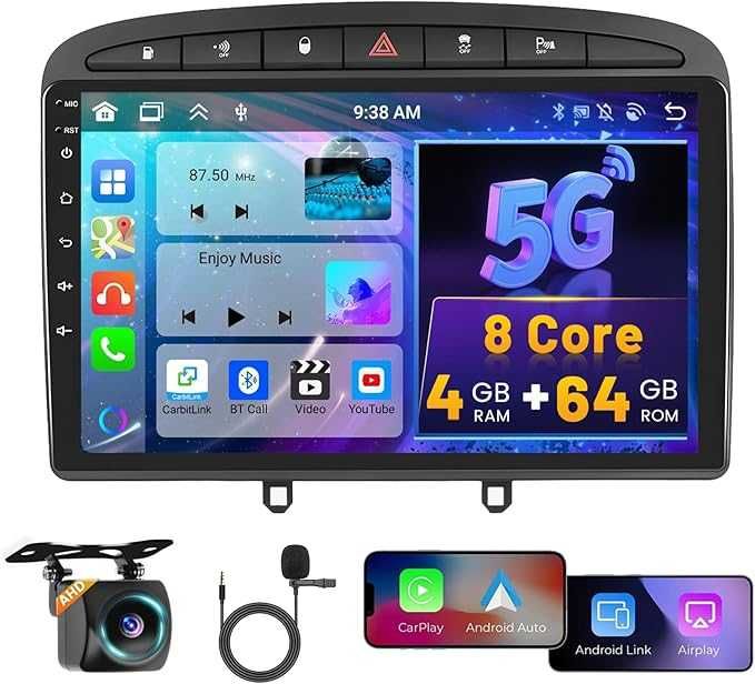 8-rdzeniowe radio 4G 64G Hikity Android 15 Peugeot 308, 408 07r-15r