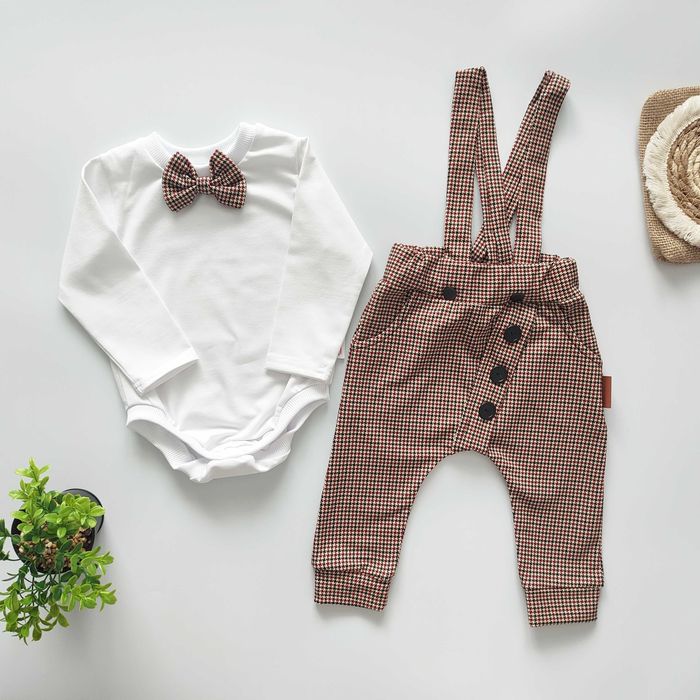 Elegancki KOMPLET chłopięcy, modny GARNITUR bordo beż mucha szelki 92