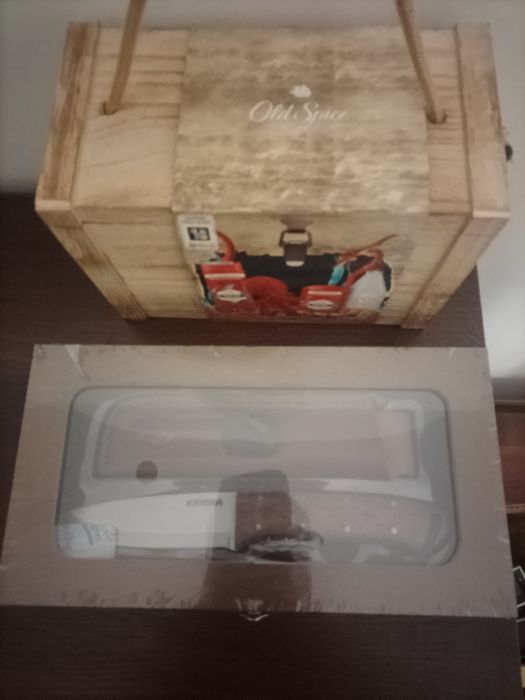 Zestaw prezentowy nóż myśliwski orzech skrzynka+ Old Spice Perfumy now