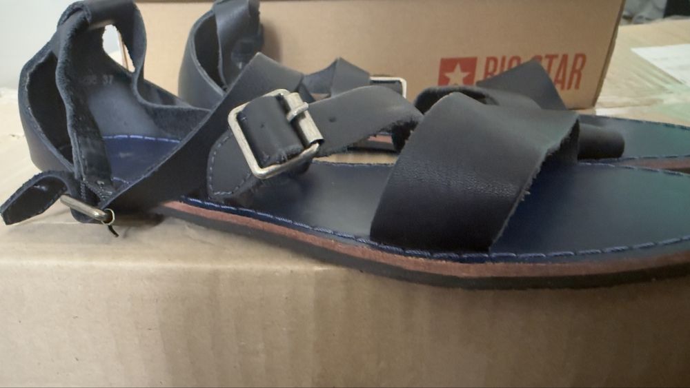 Rzymianki płaskie Big Star 37 skóra naturalna sandały granatowe granat piękne modowe