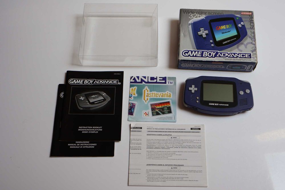 Oryginalna Konsola Przenośna Nintendo Game Boy Advance model AGB-001 wersja PAL kolor Fioletowy (Indigo), Komplet w Pudełku (CiB), Sprawna BDB
