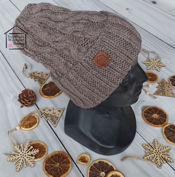 Czapka beanie z wywinięciem, zimowa, wełna, rękodzieło