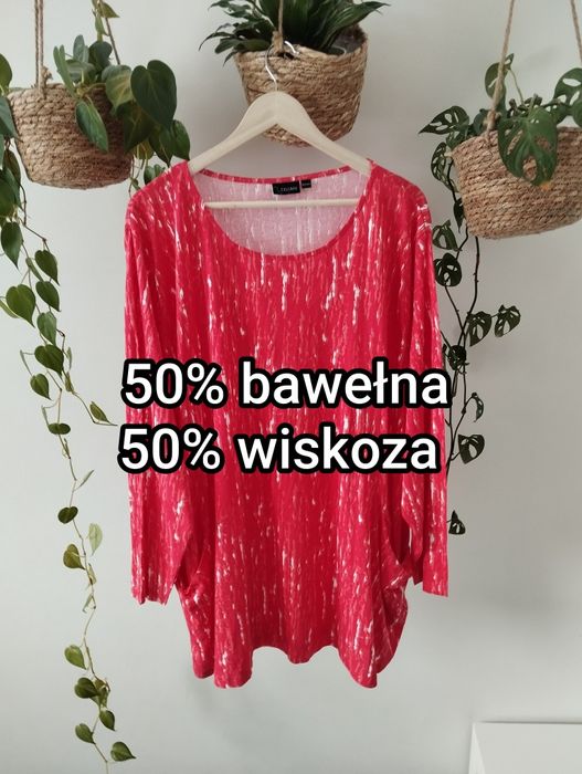 Bluzka z bawełny i wiskozy, czerwona, z kieszeniami, tunika, plus size